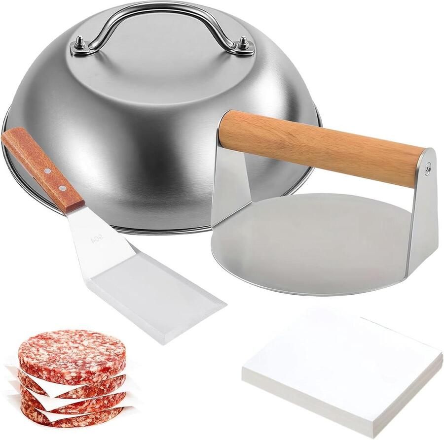 Burgerpers Set Grill Gereedschap Professioneel Grillen 304 Roestvrij Staal 14 cm Pers Zilverkleurig
