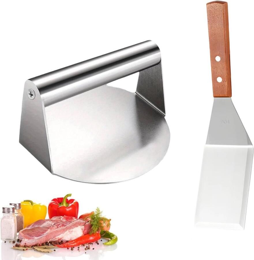 Burgerpers Set Hamburger Smasher Plat Grillen Roestvrij Staal 14x14x7.5 cm Zilver - Foto 1