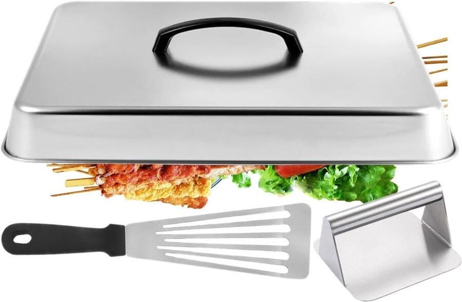 Burgerpers Set Kaas Smeltkap Gelijkmatig Grillen Roestvrij Staal 30 x 23 x 8.4 cm Zilver