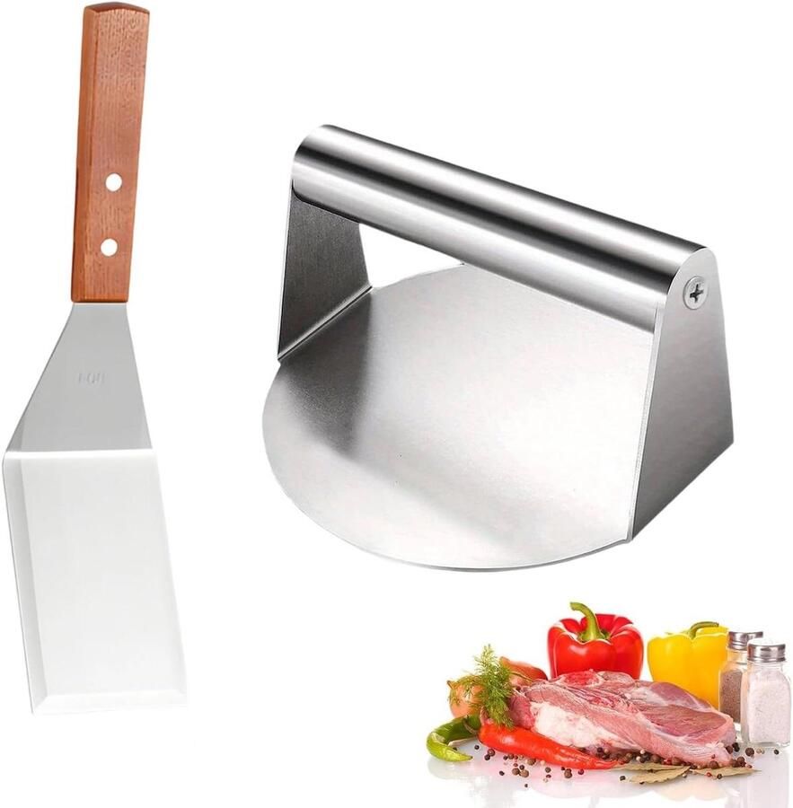Burgerpers Set Vlees Smasher Gelijkmatig Grillen Roestvrij Staal 14 x 14 cm Zilverkleurig