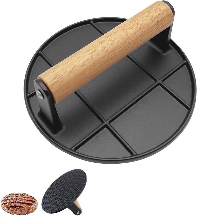 Burger Pers Vlees Smasher BBQ Grillen Hittebestendig Handvat 16 cm Rond Zwart