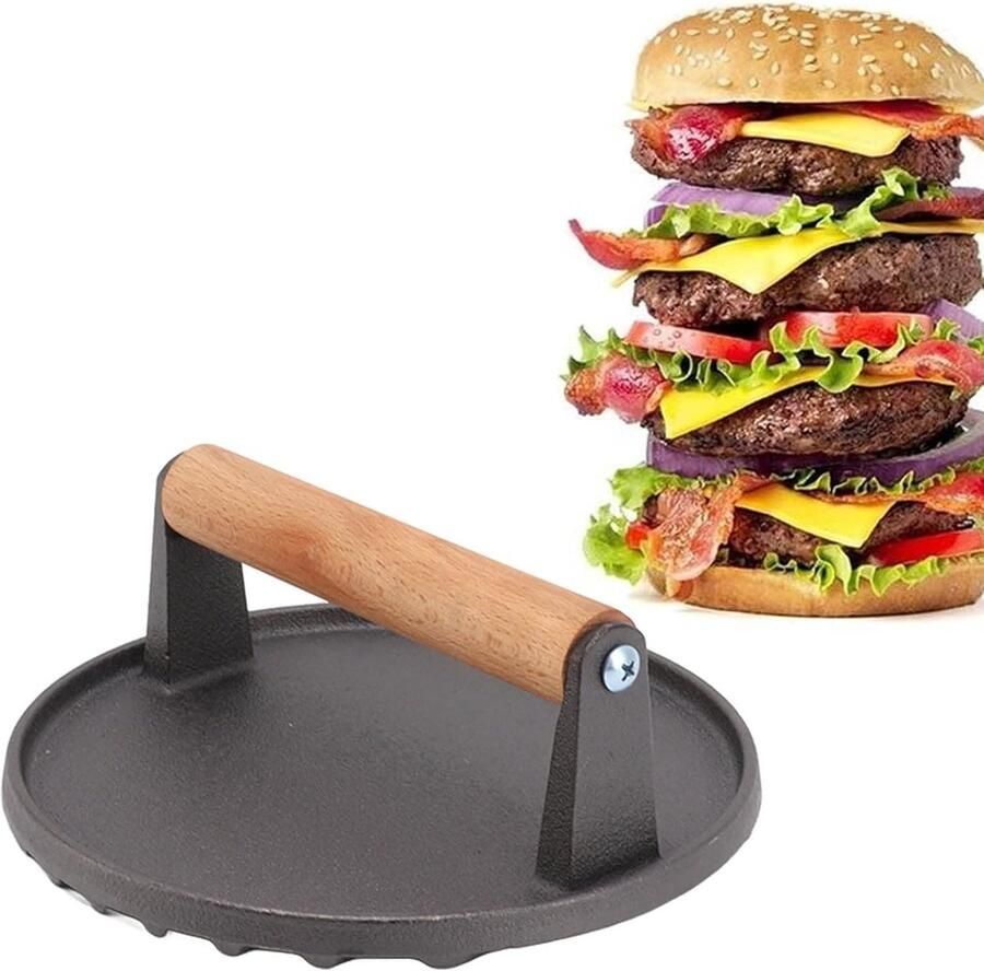 Burgerpers Vleespers Grillen Zwaar Gietijzer 17.4 cm Diameter Zwart