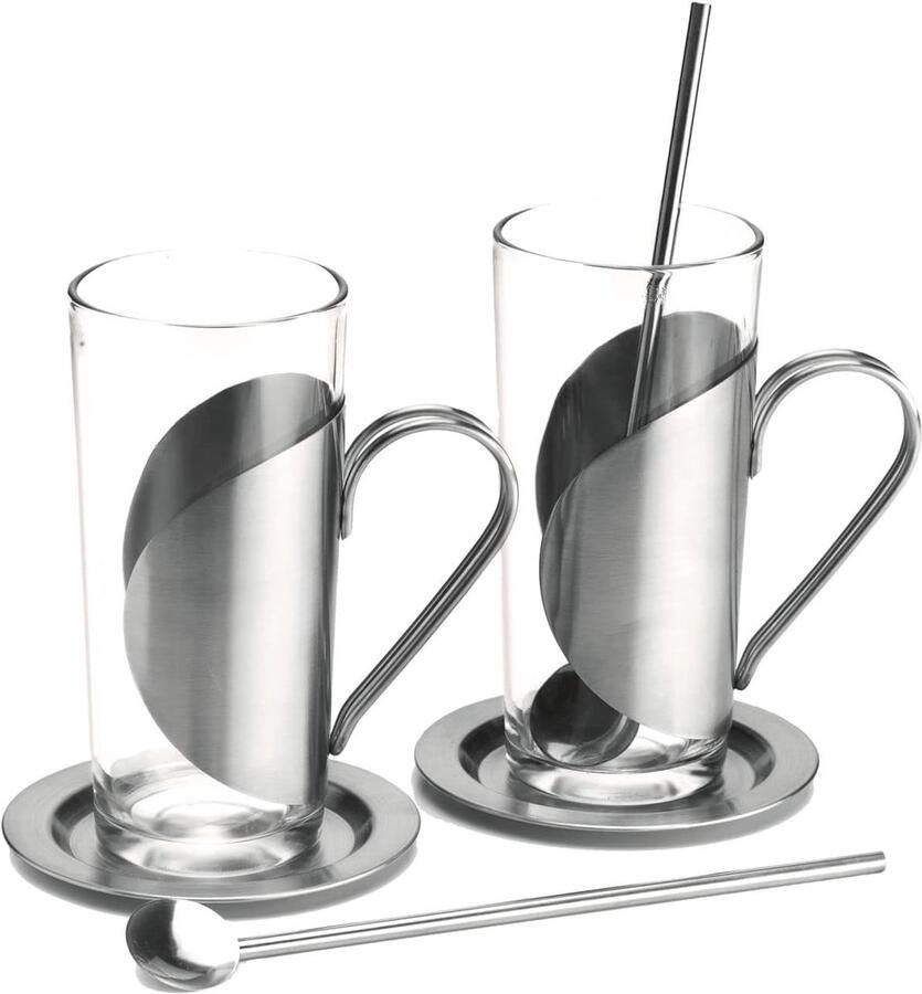 Cadeauartikel theeglazen Marco Polo 6-delige set warme dranken: 2 (thee) glazen met heldere lineaire vormentaal onderzetter en rietlepel; afmetingen: ca. 6 x 6 x 14 cm - Foto 1