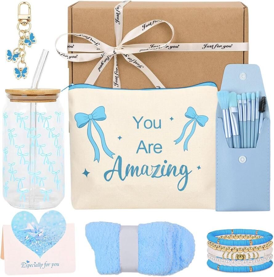 Cadeaus voor meisjes van 8 9 10 11 12 13 14 en 15 jaar: glazen beker met deksel en rietje make-upborstel sleutelhanger toilettas 5-in-1 armband verjaardagscadeau voor meisjes en vrouwen