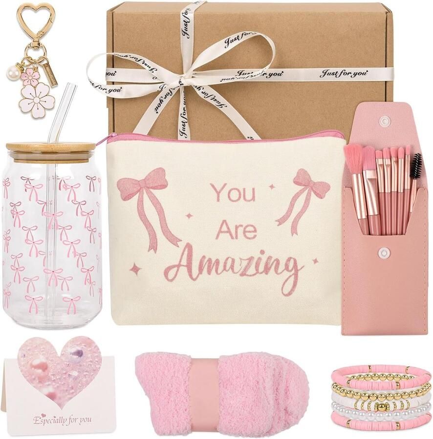 Cadeaus voor meisjes van 8 9 10 11 12 13 14 en 15 jaar: glazen beker met deksel en rietje make-upborstel sleutelhanger toilettas 5-in-1 armband voor meisjes en vrouwen