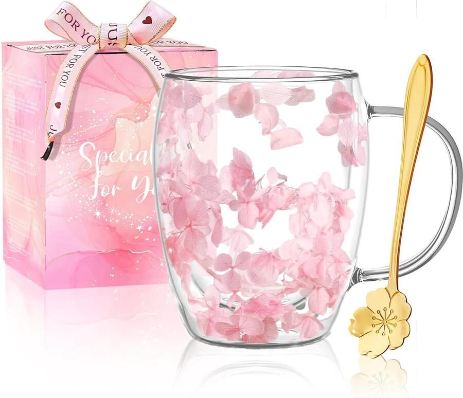 Cadeaus voor Vrouwen Gedroogd Bloemen Dubbelwandige Glazen Koffie Mokjes Schattige Glazen Thee Kopjes met Handvatten Herfst Mok Kerstmis Verjaardagscadeaus voor Beste Vriend Leraar Mama Geschenken