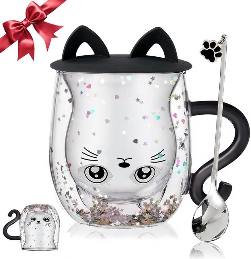 Cadeaus voor vrouwen Kattengeschenken Dubbelwandig Glas Koffie Latte Cup Leuke Spullen Zwarte Kat Mok Geschenken voor Haar Kerst Kous Fillers Verjaardag Valentijnsdag Halloween Cadeaus voor Vrouwen