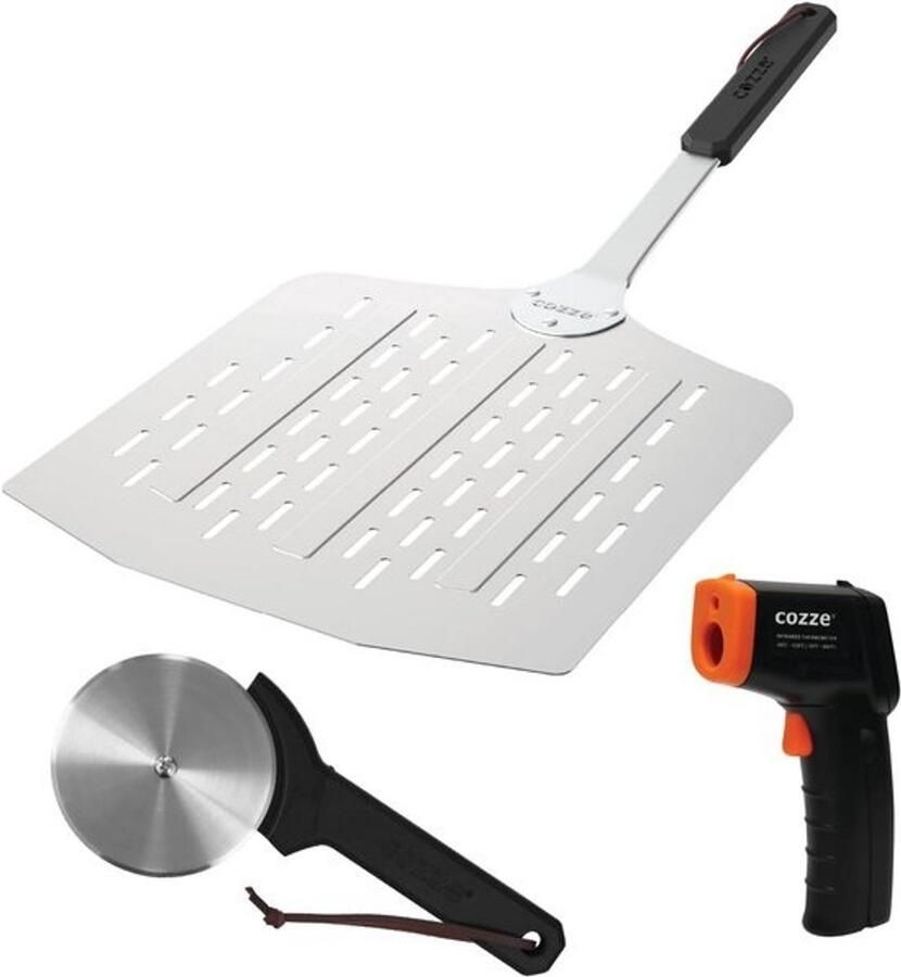 Cadeauset met pizzaschep thermometer en pizzasnijders – luxe 3-delige set