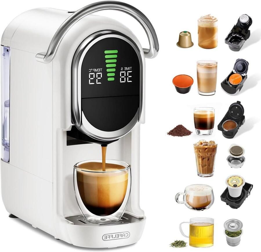CAFELFFE MK-609S 6-in-1 capsulekoffiezetapparaat 7 waterinstellingen en warm- koudzetfunctie 19 bar espressomachine compatibel met NES Original DG ESE K-cupcapsules thee gemalen koffie 1450 W