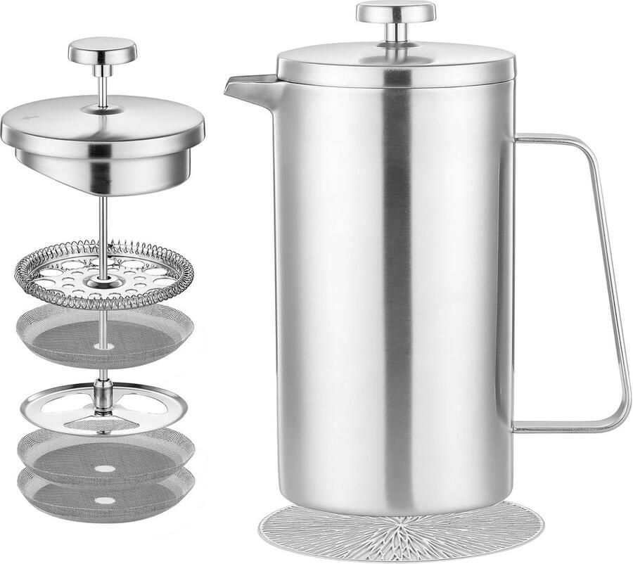 Cafetiere voor Franse Pers RVS Koffiezetapparaat met 3 Niveaus Filtratiesysteem en Extra Filters 350 ml