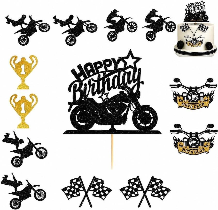 Cake Decoratie Set 13-delig – Zwart Racing Thema Toppers voor Verjaardagstaart & Cupcakes – Feestdecoratie voor Kinderfeest en Party