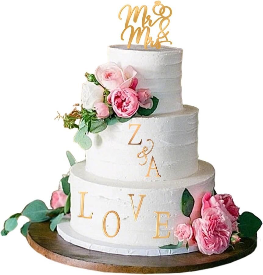 Cake Topper Mr&Mrs Cake Topper met 26 Letters Personaliseerbaar Bruid en Bruidegom Initialen Bord(Goud)