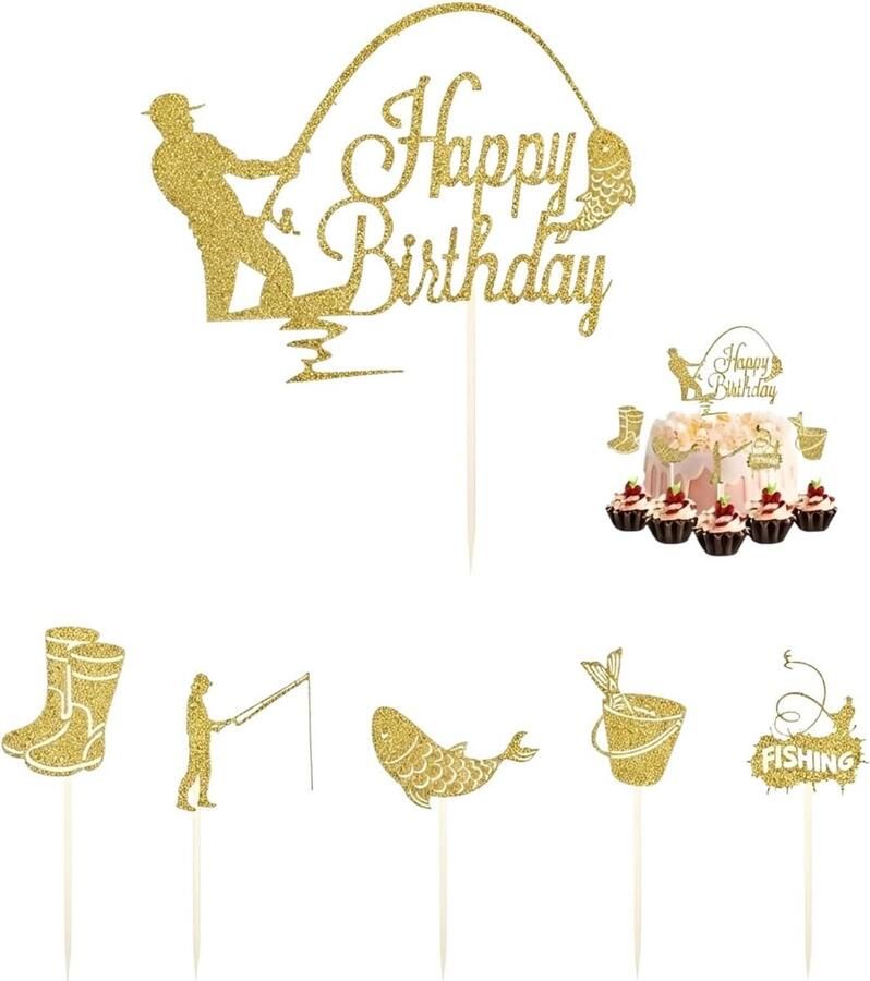 Cake Topper Set 6 Stück Angler Deko für Kuchen Zwarte Glitter Gelukkige Verjaardag Fischer Figuren met Angelaccessoires Verjaardagstaart Decoratie Männer Jungen Angeln Party (Gold)