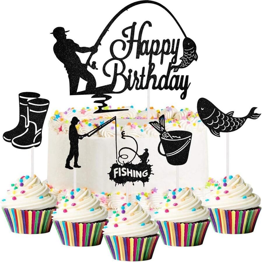 Cake Toppers 6 stuks zwarte glitter vissers taarttopper vissen Happy Birthday Cake Topper voor taartdecoraties
