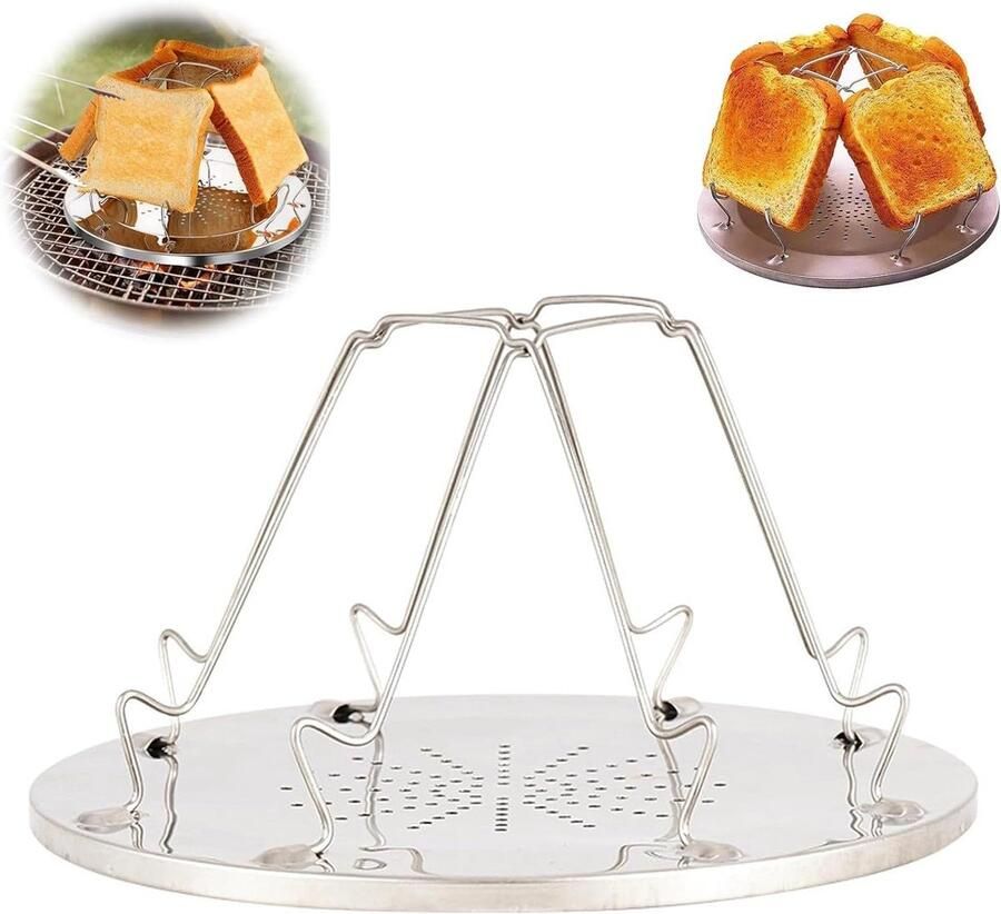 Camping broodrooster Opvouwbaar rek Toast bakken Gelijkmatige warmte 4 sneetjes Zilver