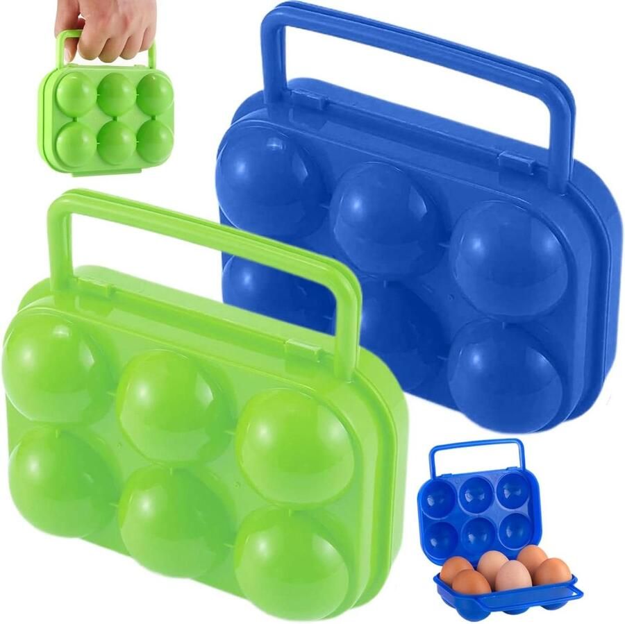 Camping Ei Houder Eierdrager Opvouwbaar Buiten Eieren Vervoeren Schokbestendig Plastic 6 Roosters per stuk Blauw Groen