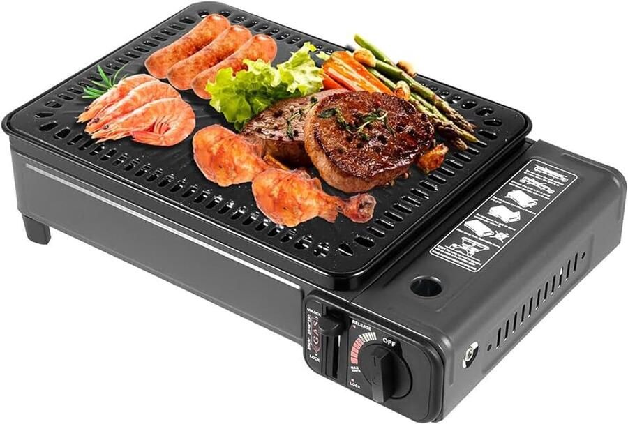 Camping gasbarbecue draagbare barbecue-kooktoestel met grillnet bakplaat en vetopvangschaal 2 gasaansluitingen (butaan LPG) overdrukbeveiliging en eenvoudige montage voor vrij koken