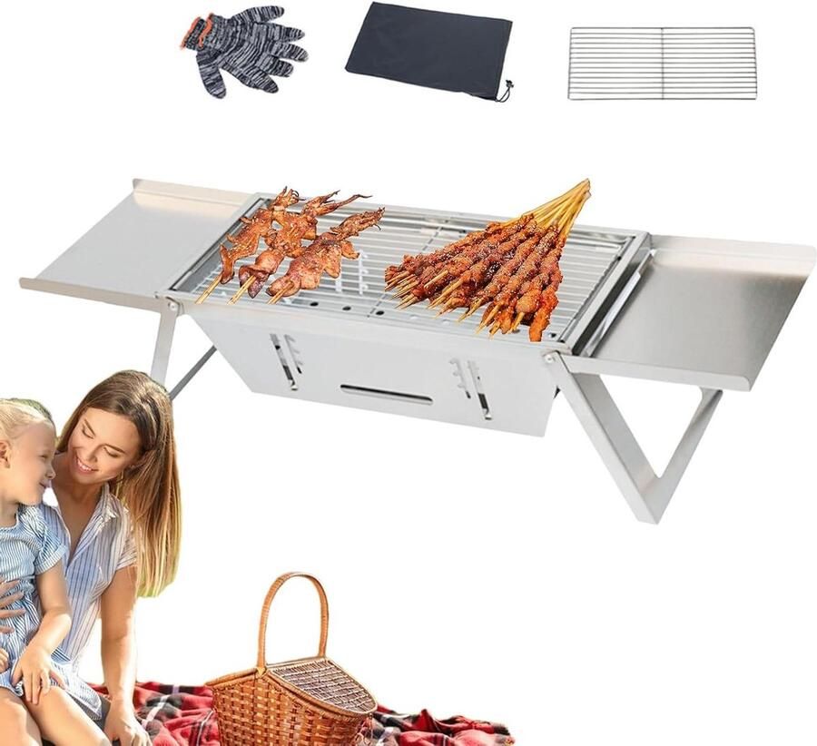 Camping Grill Houtskool BBQ Buiten Koken Opvouwbaar Ontwerp 35 x 230 x 35 mm Zilver