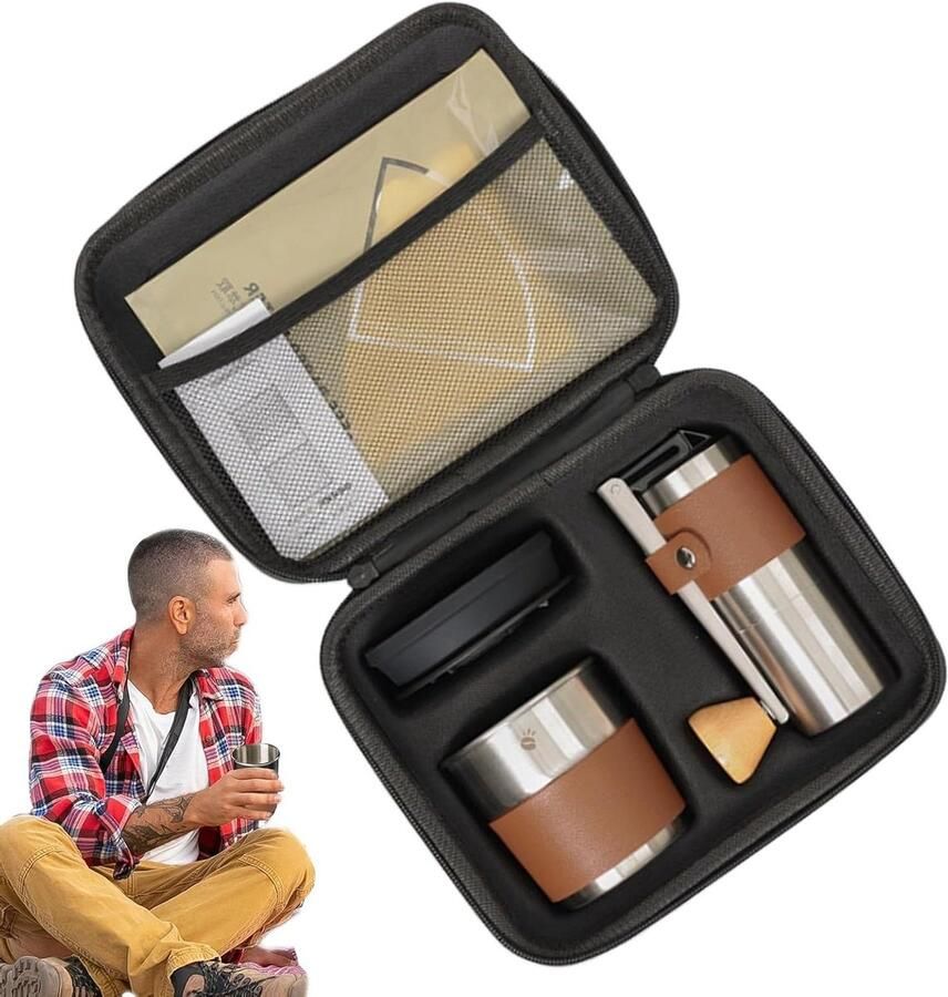 Camping Koffiemachine Draagbare Set Verse Koffie Dubbele Lagers 22 x 18.3 x 12.5 cm Zwart