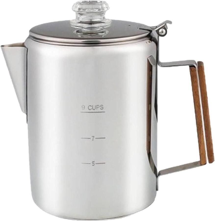 Camping Koffiezetapparaat Roestvrijstalen Percolator Buiten Koffie Zetten Warmte Isolerend Ontwerp 9 Kopjes Zilver
