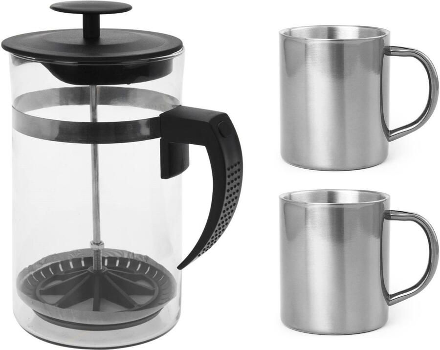 Camping percolator cafetiere set 1 liter Incl 2x RVS koffiemokken koffiezetter