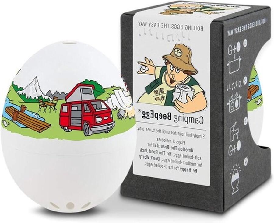 Camping PiepEi Zingende kookwekker voor eieren Perfect gekookte eieren Drie melodieën voor hardheidsgraden 1 stuk Wit met campinglandschap