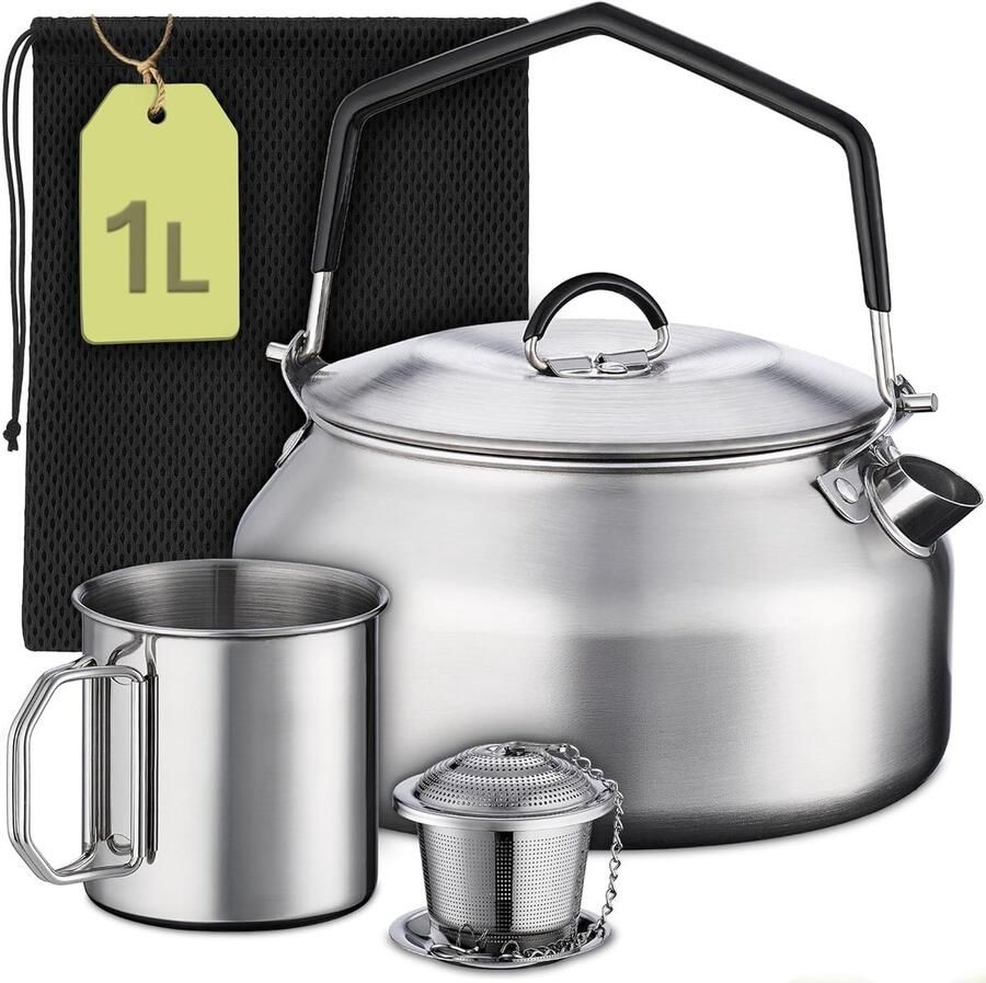 Camping Waterkoker Set Roestvrij Staal Inclusief Beker Theefilter & Tas Stapelbaar en Lichtgewicht Voor Kampeerders en Wandelaars