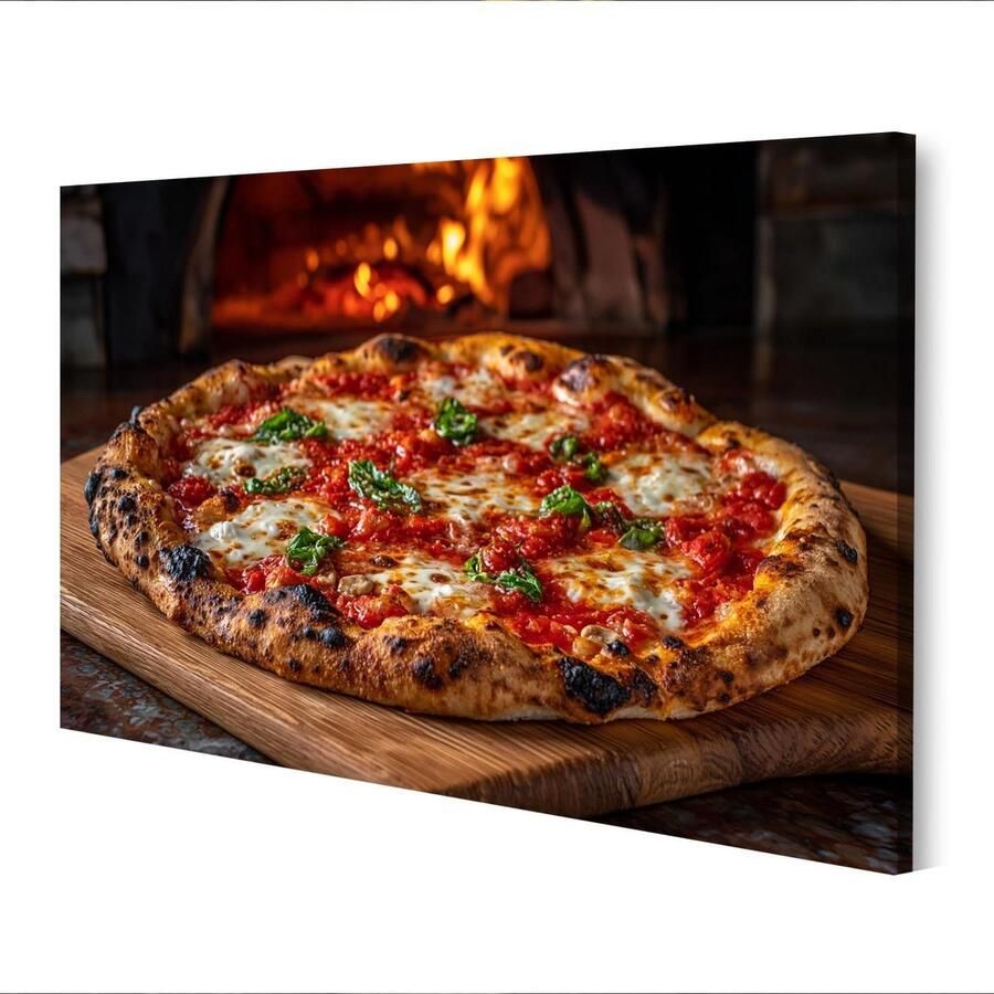 Canvas Afbeelding Keuken Decoratie Wanddecoratie Houtkachel Pizza 100x57cm Bruin