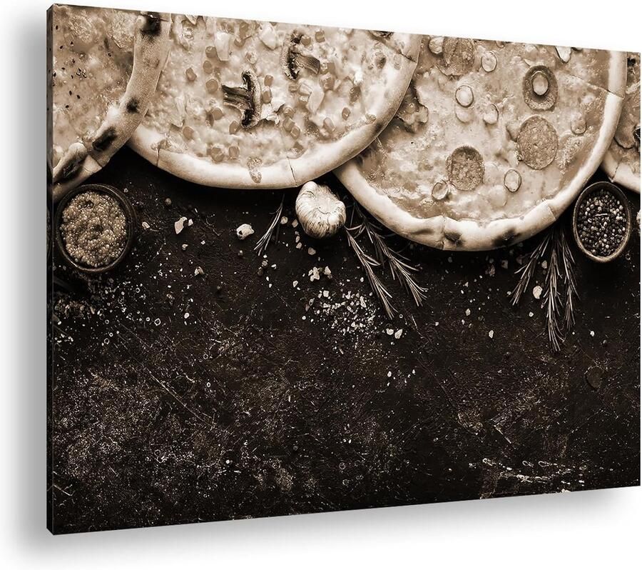 Canvas Afbeelding Pizza Wanddecoratie Keuken Muren Aankleden Echt Houten Frame 120x80 cm Sepia