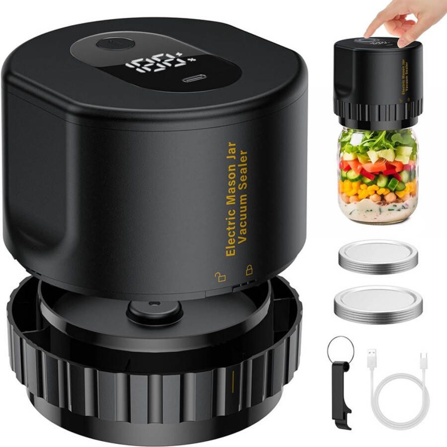 Capper Vacuümsealer voor verse potten Zwart USB-oplaadbaar Sterke zuigkracht Laag geluidsniveau Instelbare tijd 1200 mAh