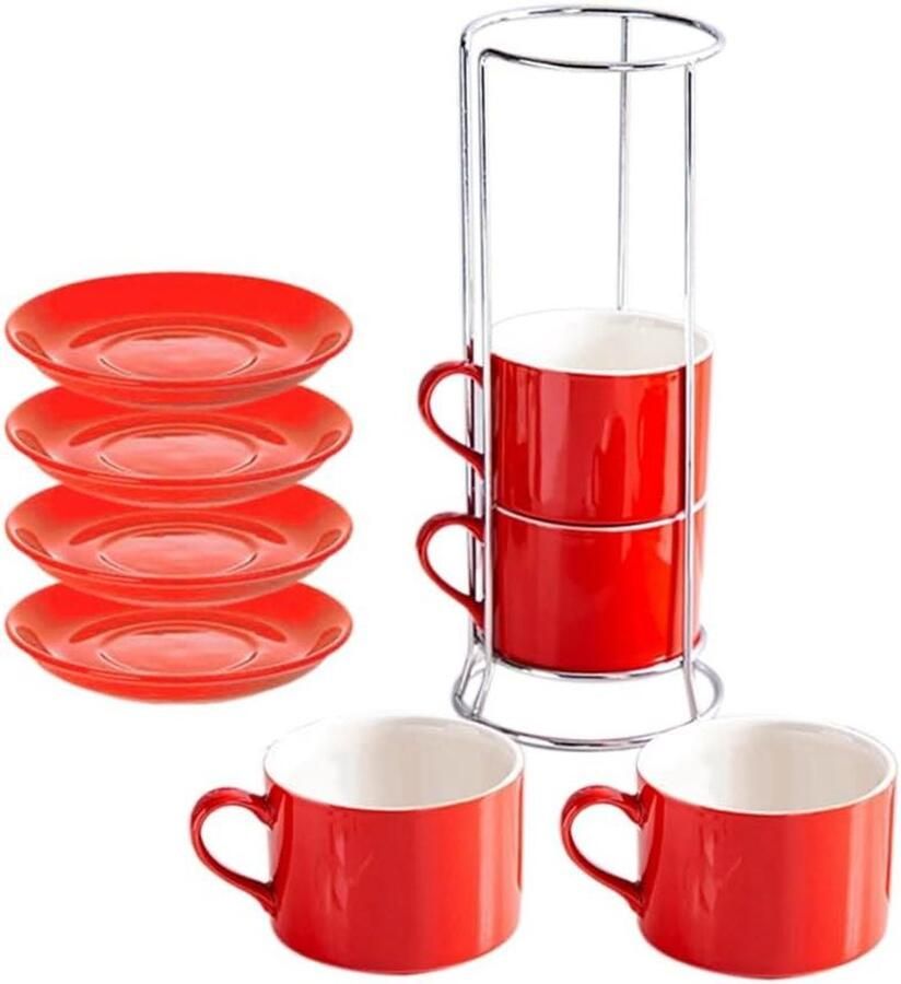 Cappuccino Kopjes Espresso Mokken Koffie Serveren Stapelbaar met Rek 4 Stuks Rood