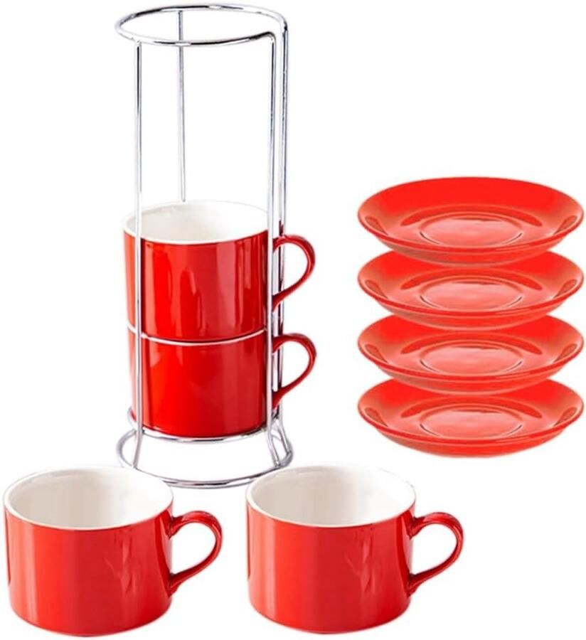 Cappuccino Kopjes Espresso Mokken Koffie Serveren Stapelbaar met Standaard 4 Delig Rood