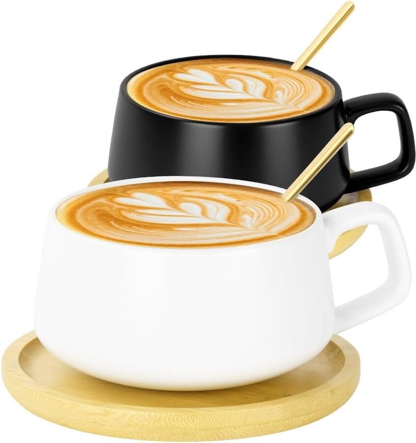 Cappuccino Kopjes Set Espresso Mokken Koffie Moment Inclusief Lepel & Schotel 320ml Inhoud Zwart Wit