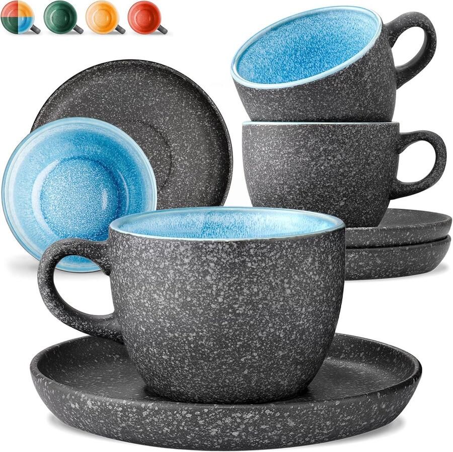 Cappuccinokopjes met Onderzetters Koffiekopjes Set Genieten van Koffie Handgemaakt Reactief Glazuur Set van 4 200ml Blauw