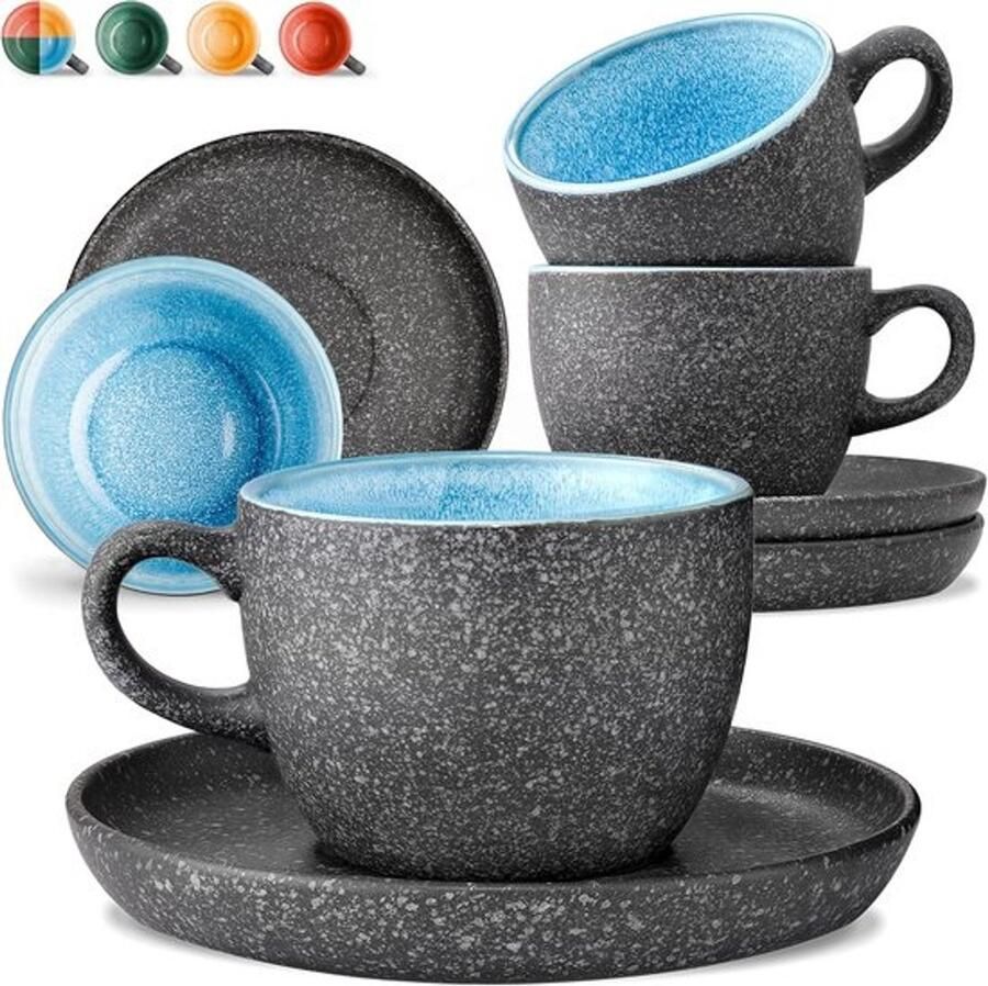 Cappuccinokopjes met onderzetters Koffiekopjesset Koffie serveren Handgemaakt reactief glazuur Set van 4 200 ml Blauw