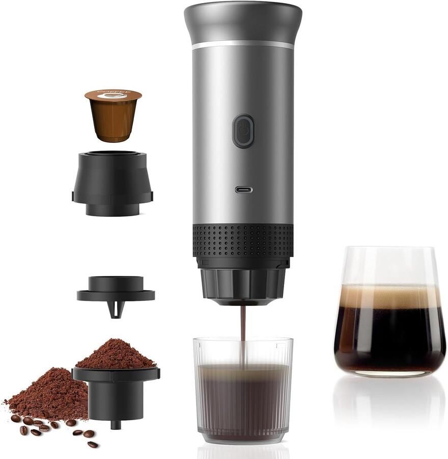 Capsule Koffiemachine Koffiezetter 60ml Draadloze Cups Machine 3-in-1 & 7500mAh Accu 15 Bar Druk & Zelfverwarmend Voor Camping Auto & Reizen Eenvoudig in Gebruik & Schoon