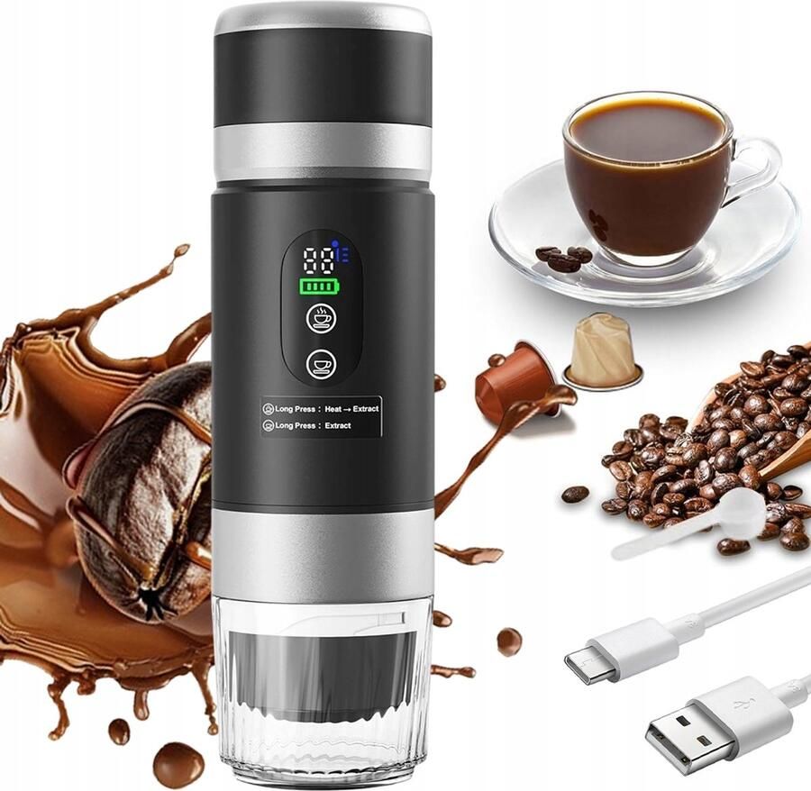 Capsule Koffiemachine Koffiezetter Draadloze 3-in-1 Koffiemachine 20 Bar & Zelfverwarmend 7500mAh Accu Voor Camping Auto & Thuis Koffie onderweg
