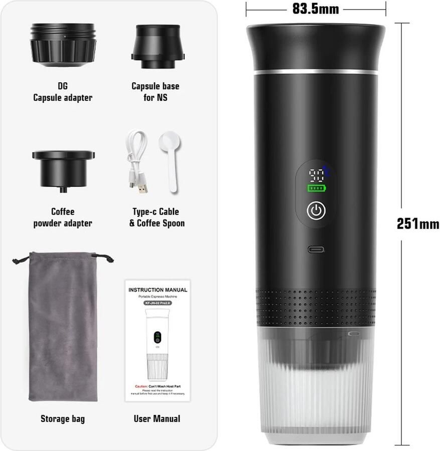 Carinova-Draadloos elektrisch draagbaar espressomachine-voor auto en thuis-Camping Koffiezetapparaat -3-in-1 Capsule Poeder- Reiskoffiezetapparaat-koffie