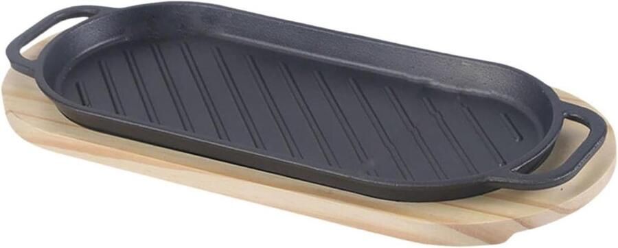 Cast Iron Steak Plate with Wooden Base BBQ Grill Pan for Cooking Non-Stick Plate Fajita Griddle Plate for Steak Vegetables and Barbecue Kitchen Cooking Accessory (Large)