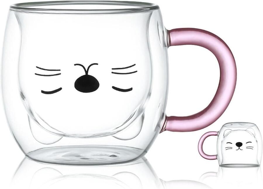 Cat Mok Schattige Mok met Handvat Dubbelwandige Koffiemok Kawaii Cat Gifts voor Vrouwen Thee Mok Verjaardag Gifts Mokken voor kattenliefhebbers Kerstideeën (paarse kat)