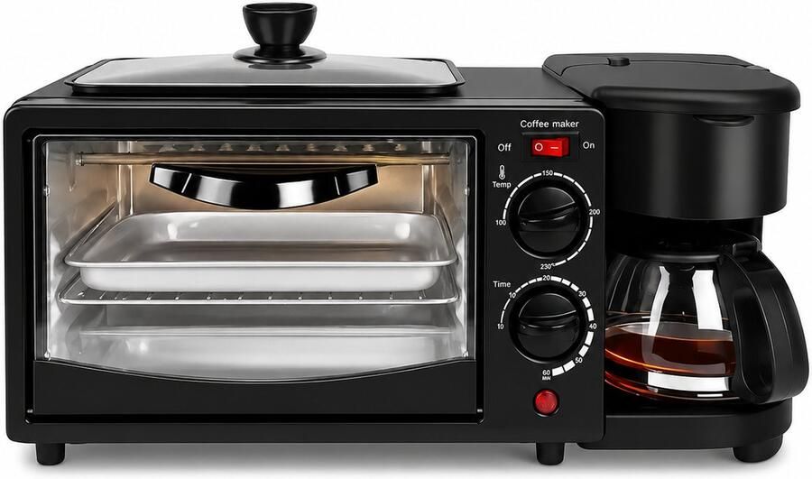 Celestul 3-in-1 Magnetron – Mini Oven 9L – Koffiezetapparaat met Geïsoleerde 600 ml Koffiekan – Broodrooster – Compact Keukenapparaat – Zwart