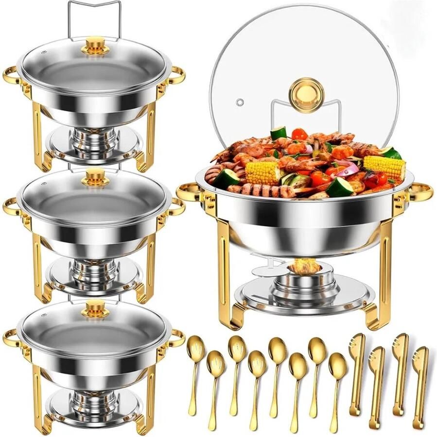 Cellista Buffetwarmer Set 2-Delig 2x5L Warmhoudbak RVS Catering Warmhoudset Buffet Warmhoudschaal Goud Glazen Deksel Horeca Buffetset
