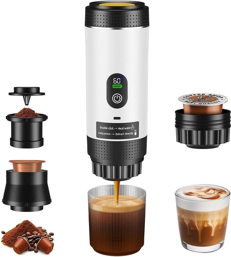 Cellista Draagbare Espressomachine Koffiezetapparaat Capsule Koffiemachine 3-in-1 Koffiezetter Nespresso Dolce Gusto Gemalen Koffie 20 BAR 7500 mAh 80 ml Wit