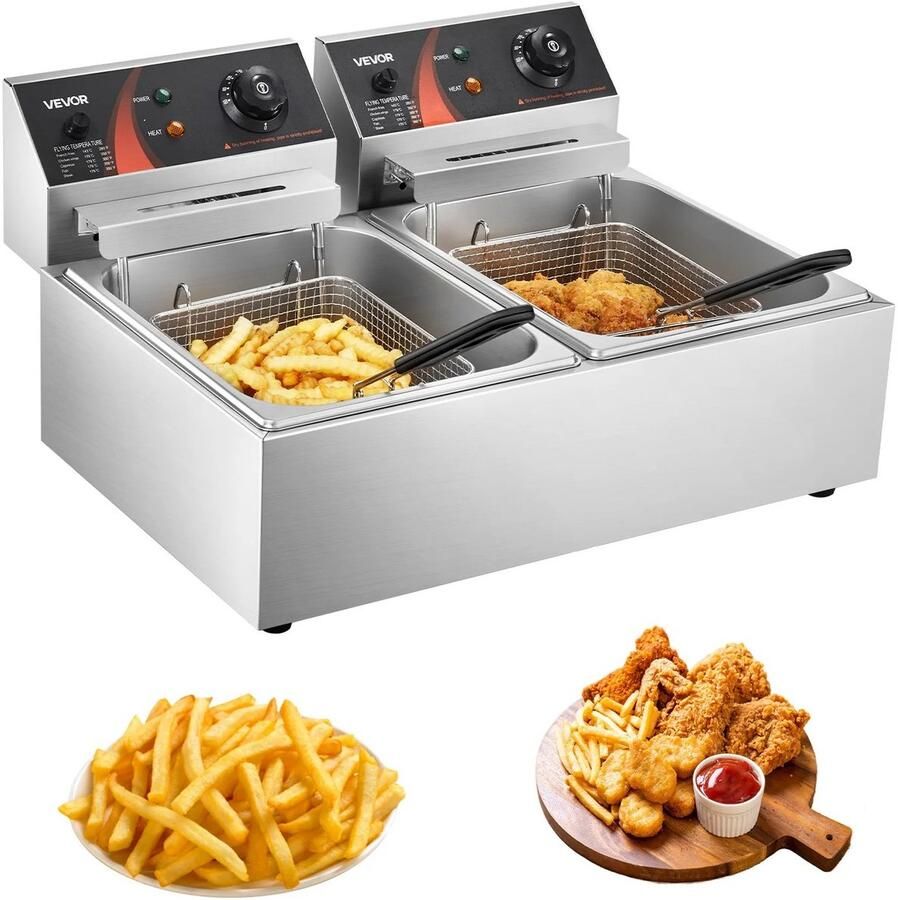 Cellista Dubbele Elektrische Friteuse 12L Commerciële Frituurpan Dubbele Tank Friteuse RVS Deep Fryer 5000W 6L+6L Capaciteit Instelbare Thermostaat
