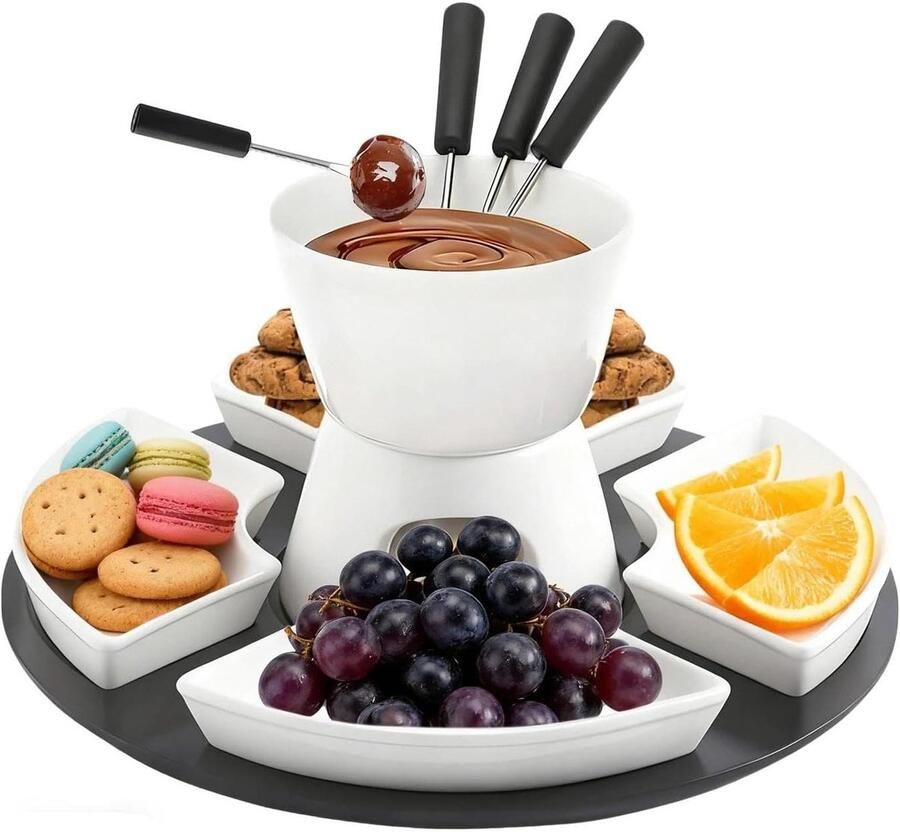 Ceramic Chocolate Fondue Set 300ml Chocolate Fondue with 4 Ceramic Plates and 4 Forks for Cheese Fondue Family Dinner Dessert Picnics White