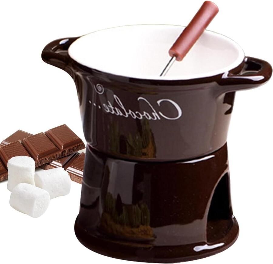 Ceramic Fondue Set Small Butter Melting Cup Mini Cheese Warmer Bowl Personal Chocolate Dipping Mug Heatproof Porcelain Elegant Serving Pot Easy Clean Glazed With Metal Fork Tool for Date Nigh