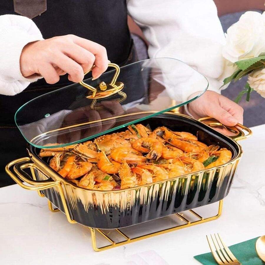 Chafing Dish Buffet Server Voedsel Warmer Set Catering Evenementen Premium Keramiek Ijzer 3 Maten Zwart