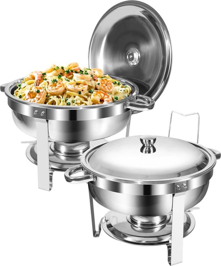 Chafing Dish Buffet Set 5L 2 Pack Food-Grade RVS Ronde Chafing Gerechten [Rolled Edge Design] Voedsel Warmer Buffet met Deksel Houder voor Catering en Elk Feestje Zilver