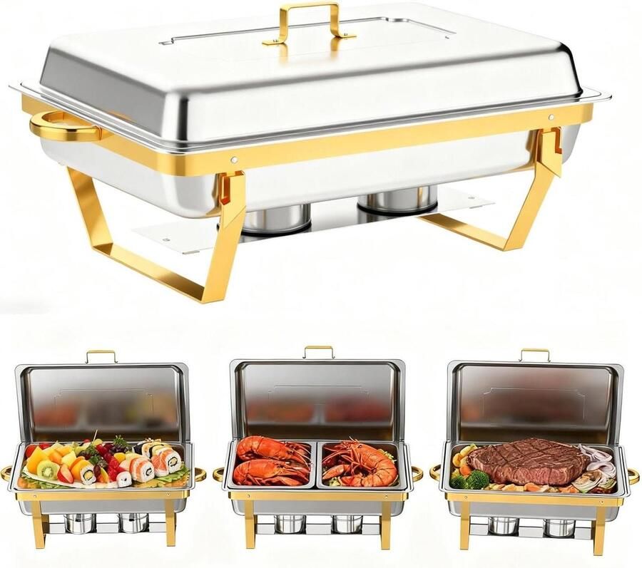 Chafing Dish Buffet Set Voedselwarmer Set Buffetten Organiseren Roestvrij Staal 9 Quarts Goud en Zilver