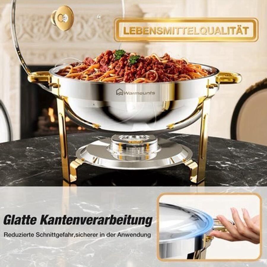 Chafing Dish – Buffetwarmer – Warmhoudschalen – Warmhoudbakken – Voedselverwarmer – 2-delig Ronde Set – 5 L Inhoud – Glasdeksel Met Houder – Roestvrij Staal 201